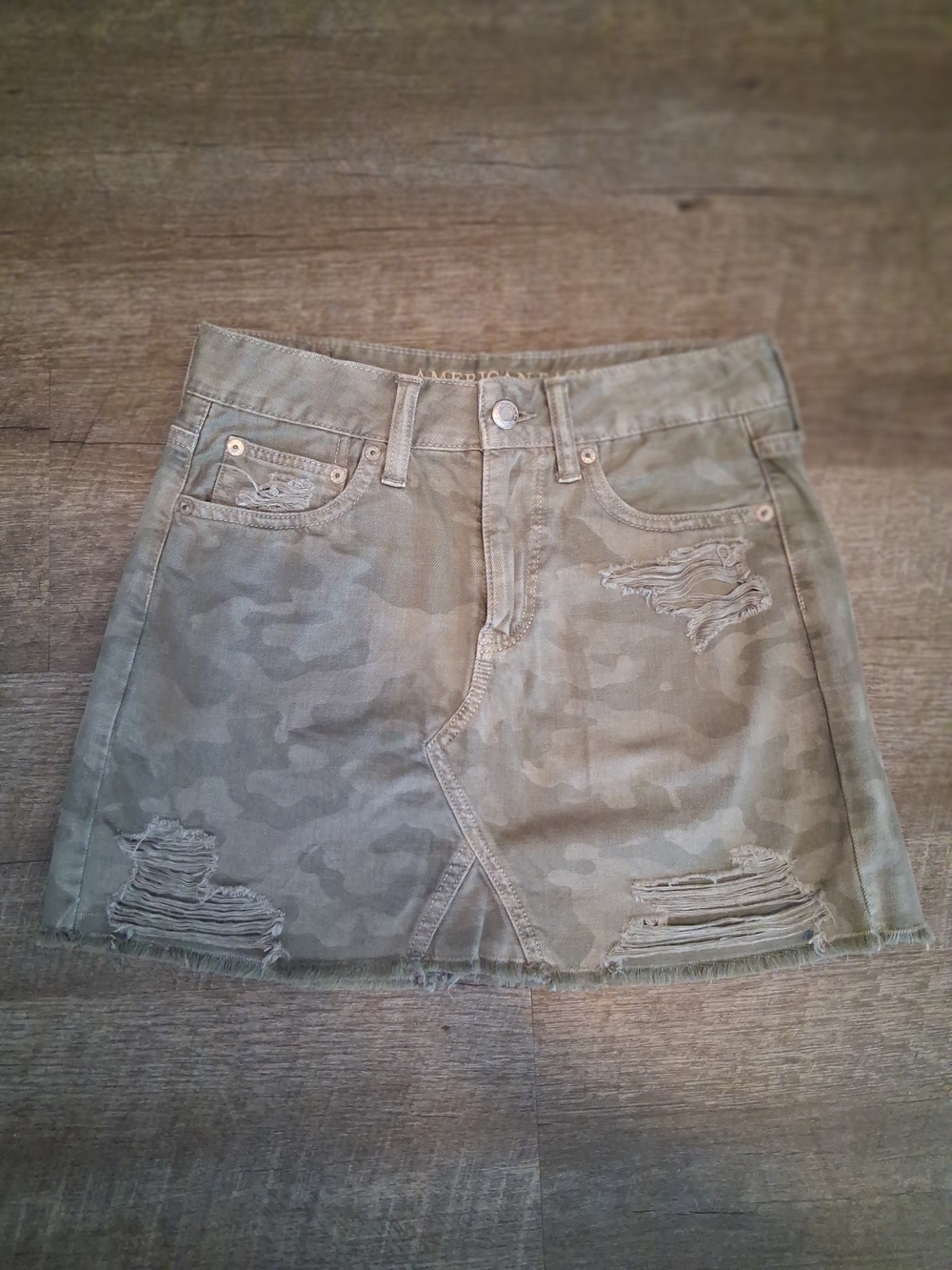 American Eagle Outfitters Olive Camo Distressed Mini Skirt
